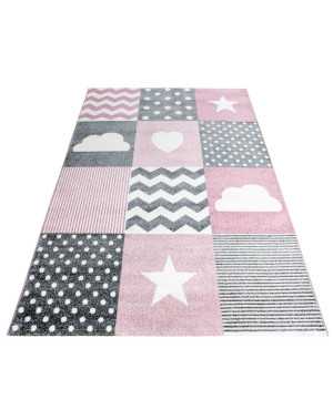 Geruit vloerkleed voor de kinderkamer met wolken- en sterrenpatroon, grijs, roze en wit.