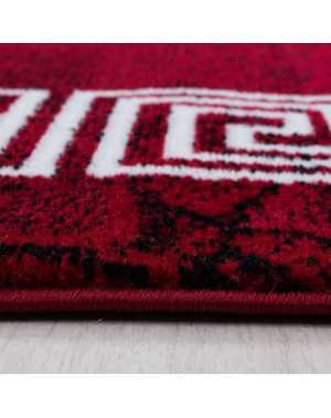 Modern design vloerkleed met een rand van optisch marmer in zwart, rood en wit.