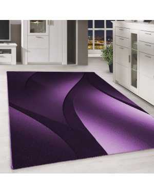 Modern abstract design vloerkleed met optische golven en korte pool, zwart, paars en wit.