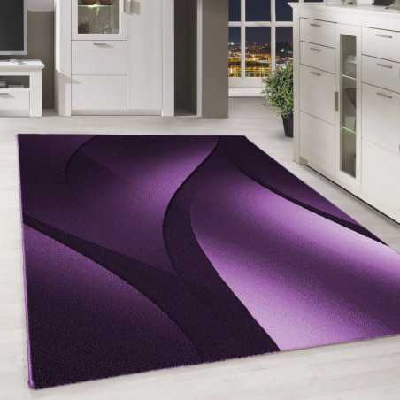 Modern abstract design vloerkleed met optische golven en korte pool, zwart, paars en wit.