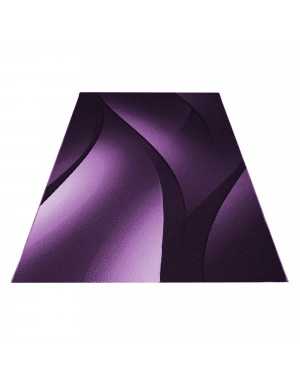 Modern abstract design vloerkleed met optische golven en korte pool, zwart, paars en wit.