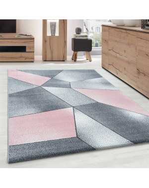 Modern design vloerkleed met geometrische patronen, kortpolig, grijs, roze, wit