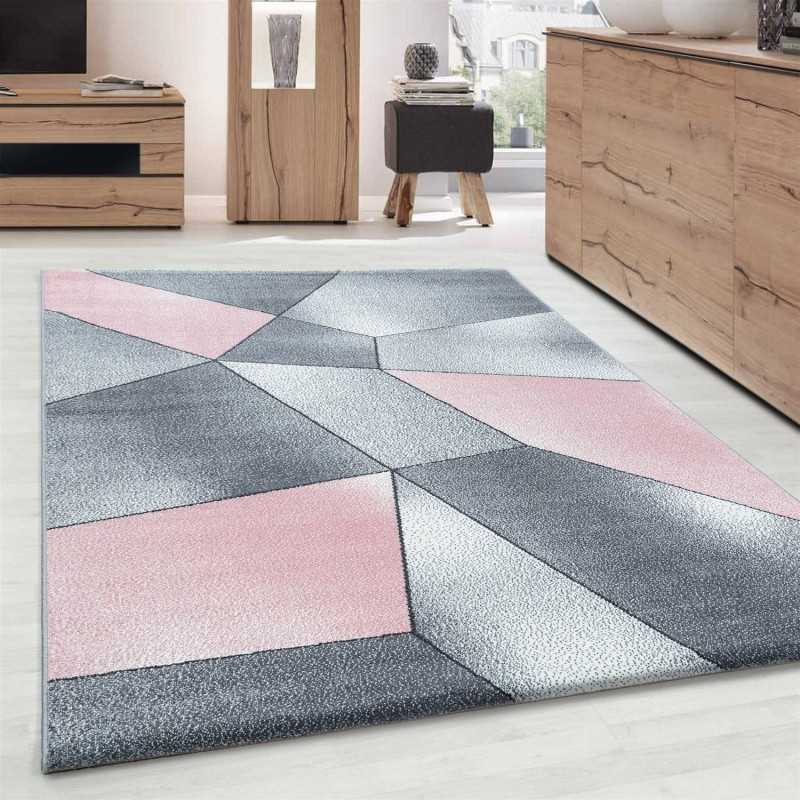 Modern design vloerkleed met geometrische patronen, kortpolig, grijs, roze, wit