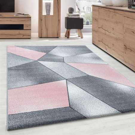 Modern design vloerkleed met geometrische patronen, kortpolig, grijs, roze, wit