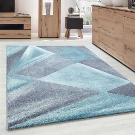 Modern design vloerkleed met geometrische patronen, kortpolig, grijs, blauw, wit gespikkeld