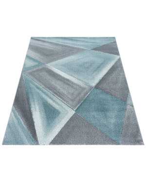 Modern design vloerkleed met geometrische patronen, kortpolig, grijs, blauw, wit gespikkeld