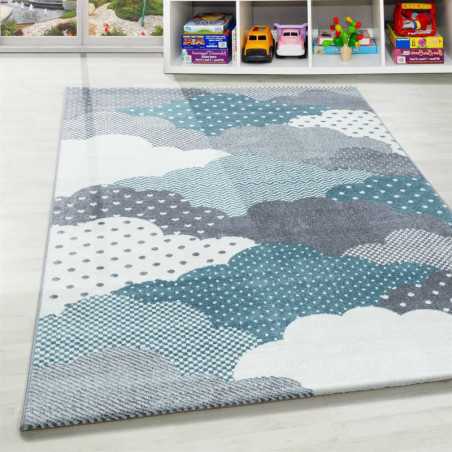 Tapis Enfant Chambre de Bébé motif Nuages Bleu Gris Blanc