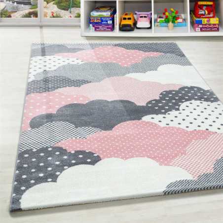Tapis Enfant Chambre de Bébé motif Nuages Rose Gris Blanc