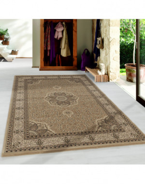 Oosterse woonkamertapijt met korte pool en decoratieve rand, beige