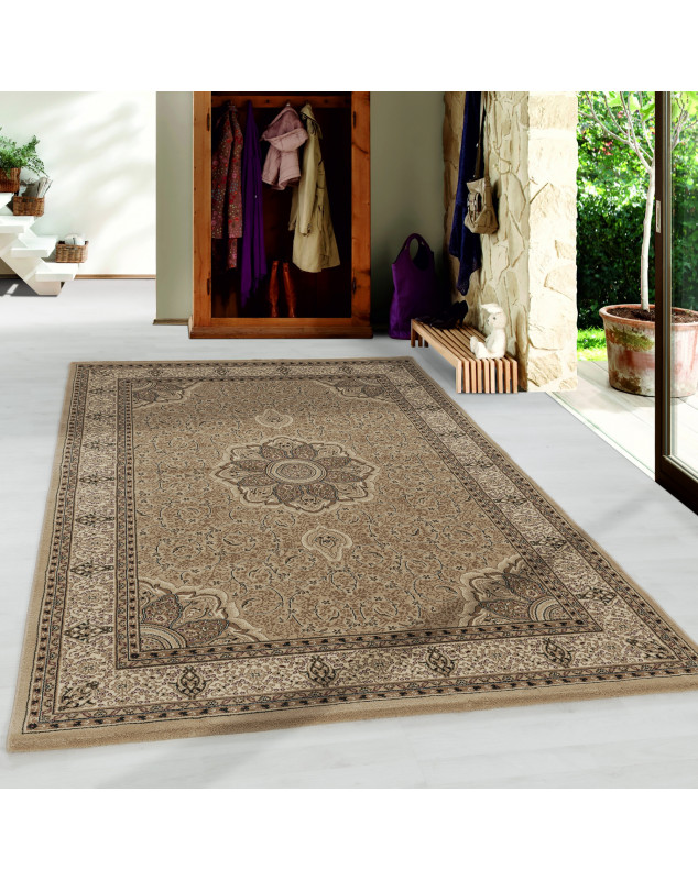 Oosterse woonkamertapijt met korte pool en decoratieve rand, beige