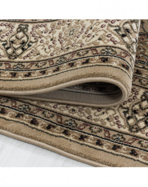 Oosterse woonkamertapijt met korte pool en decoratieve rand, beige