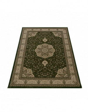 Oosterse laagpolige woonkamertapijt met sierlijke rand, groen