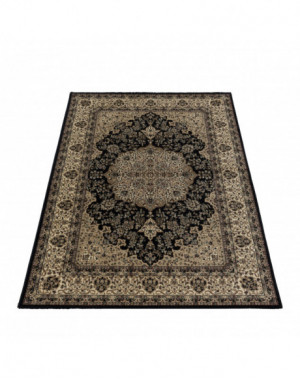 Oosterse laagpolige woonkamertapijt, antiek patroon, zwart dwergtapijt