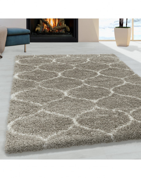 Tapis de salon Shaggy Design à carreaux Tile Jacquard Beige