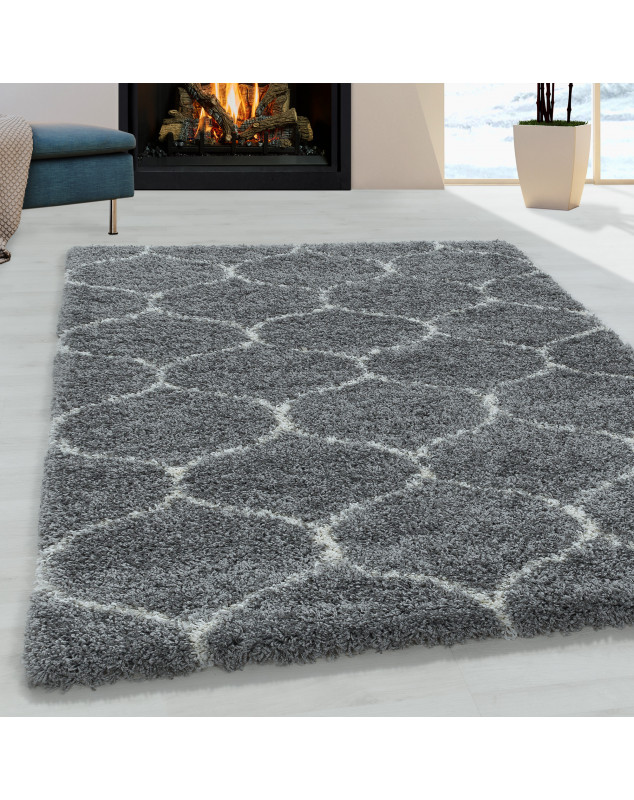 Shaggy Design woonkamerkleed met tegeljacquardpatroon in grijs geruit.