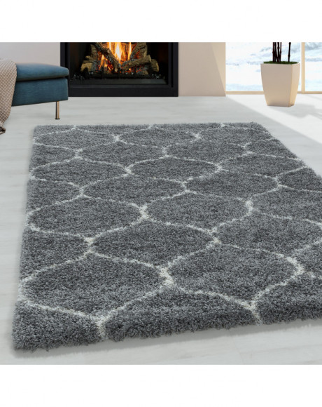 Tapis de salon Shaggy Design à carreaux Tile Jacquard Gris