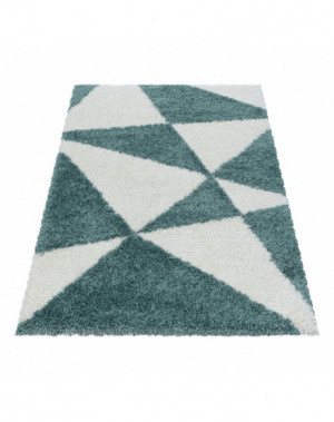 Shaggy design vloerkleed voor de woonkamer met abstract driehoekspatroon in blauw