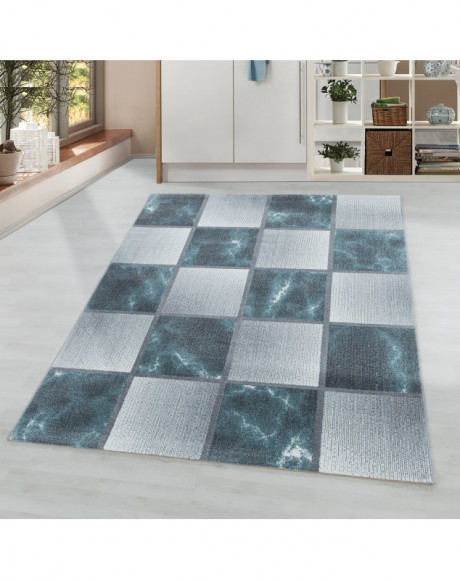 Tapis de salon à poil ras Marbré Motif de carré Poil souple Bleu
