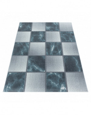 Laagpolig woonkamerkleed, gemarmerd vierkant patroon, zachte pool, blauw