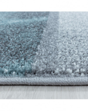 Laagpolig woonkamerkleed, gemarmerd vierkant patroon, zachte pool, blauw