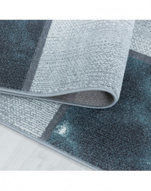 Laagpolig woonkamerkleed, gemarmerd vierkant patroon, zachte pool, blauw