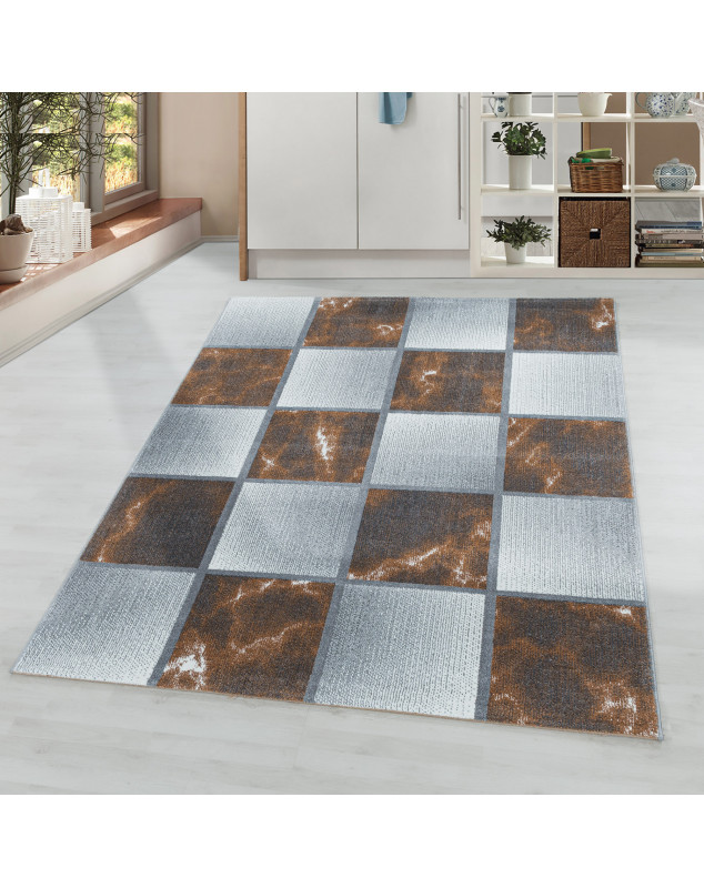 Tapis de salon à poil ras Marbré Motif de carré Poil souple Terra
