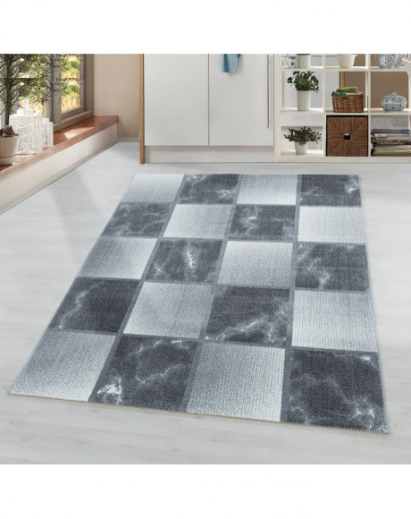 Tapis de salon à poil ras Marbré Motif de carré Poil souple Gris clair