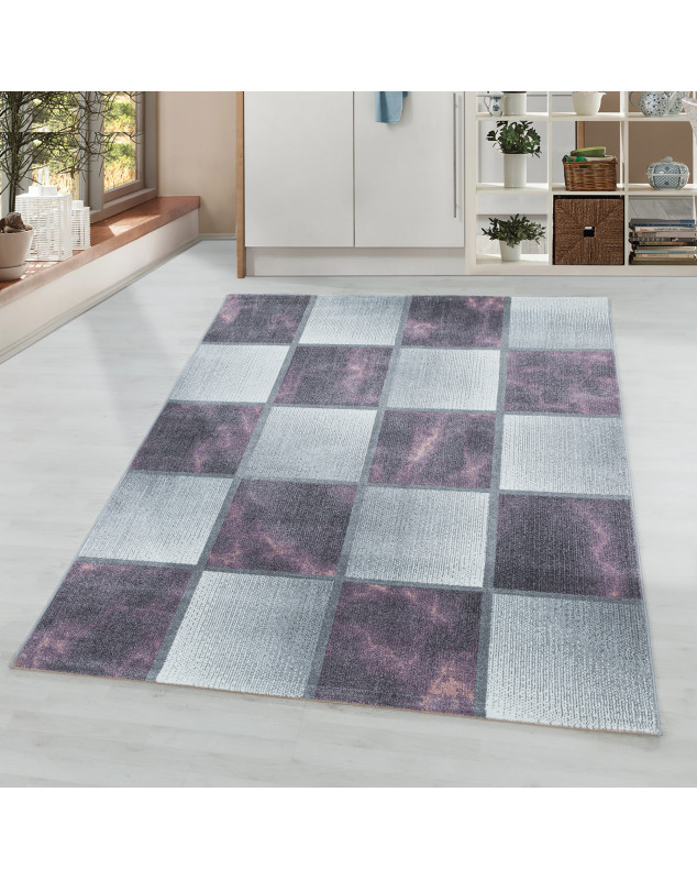 Tapis de salon à poil ras Marbré Motif de carré Poil souple Violet