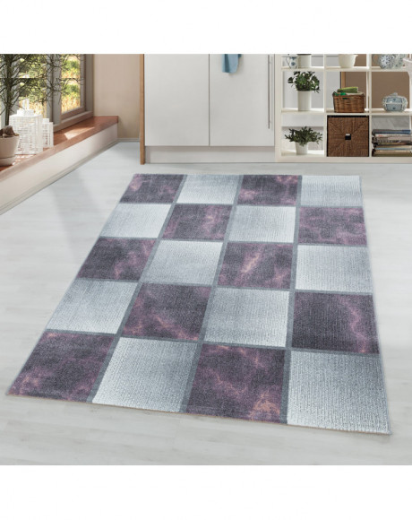 Tapis de salon à poil ras Marbré Motif de carré Poil souple Violet