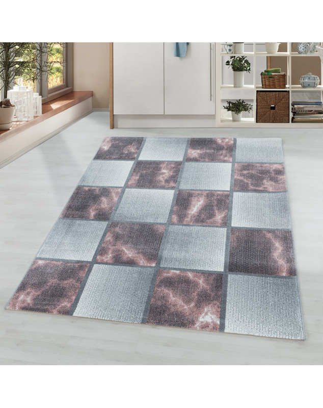 Tapis de salon à poil ras Marbré Motif de carré Poil souple Rose