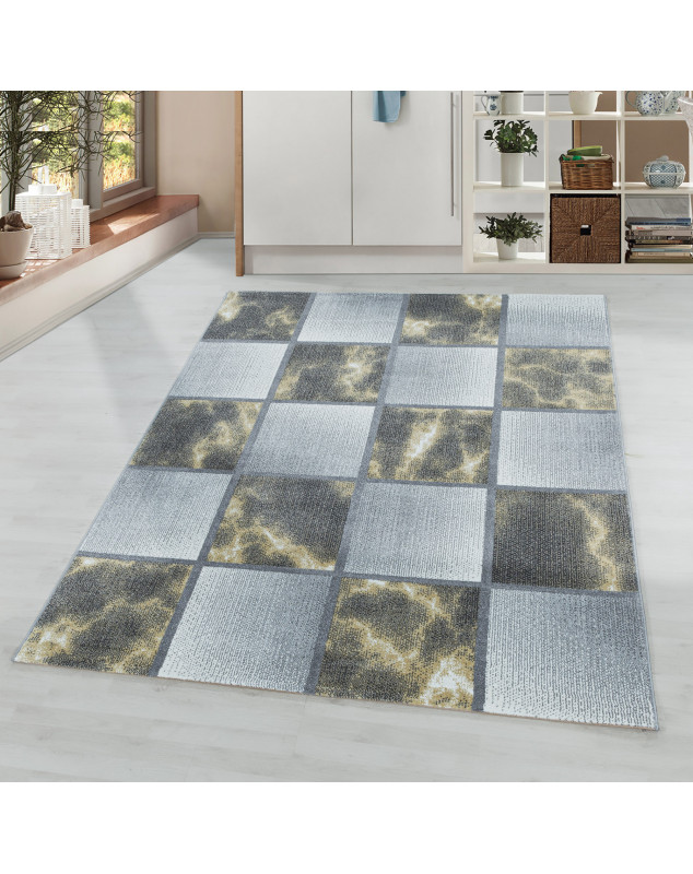 Tapis de salon à poil ras Marbré Motif de carré Poil souple Jaune