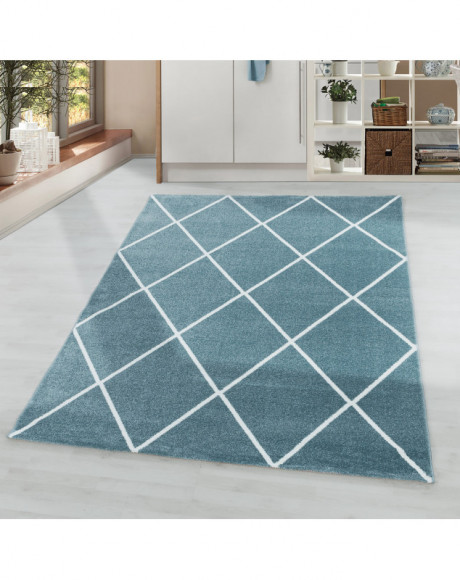 Woonkamerkleed, laagpolig, ruitpatroon, blauwe kleur