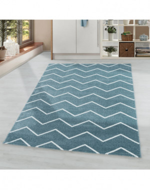 Woonkamerkleed, laagpolig kleed, golf- en lijnpatroon, blauwe kleur