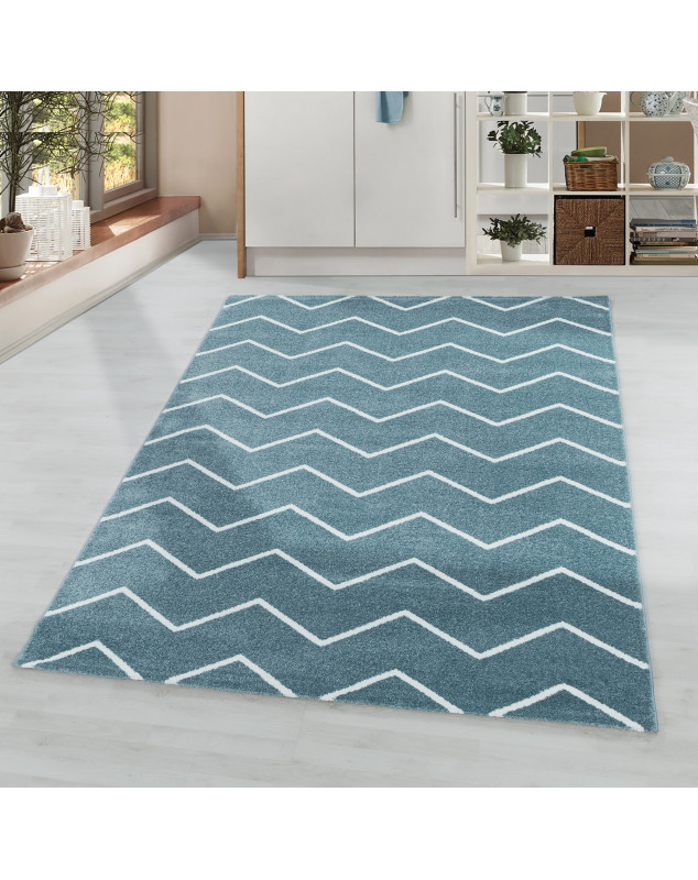 Woonkamerkleed, laagpolig kleed, golf- en lijnpatroon, blauwe kleur