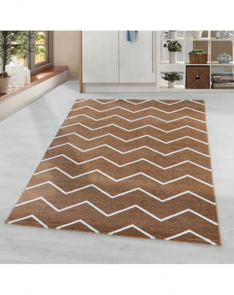 Woonkamerkleed, laagpolig, golf- en lijnpatroon, kleur Terra