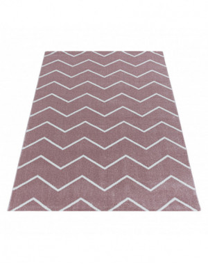 Woonkamerkleed, laagpolig kleed, golf- en lijnpatroon, roze kleur