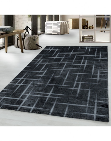 Tapis design de salon Tapis à poil ras Motif de grille Poil souple Noir