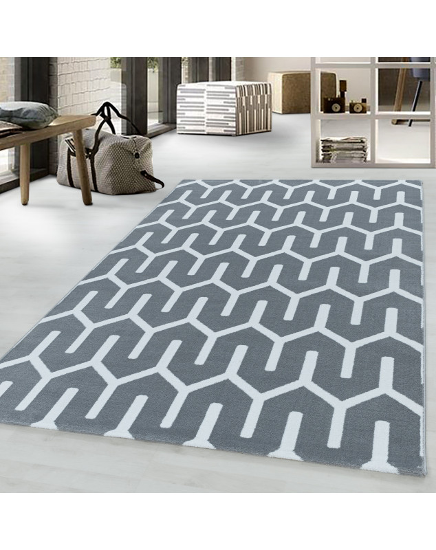 Tapis design de salon Tapis à poil ras Motif de grille Poil souple Gris