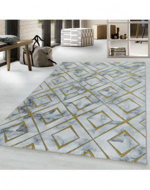 Laagpolig vloerkleed, woonkamerkleed, gemarmerd patroon, ruit, gouden diamanten