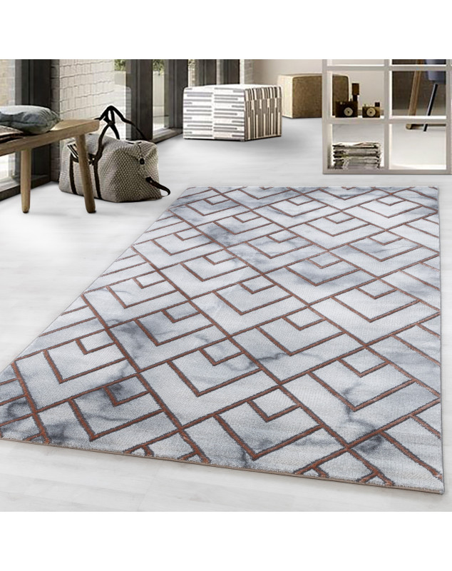 Designer vloerkleed met korte pool, woonkamerkleed, gemarmerd patroon, ruitvormige lijnen, bronskleurig