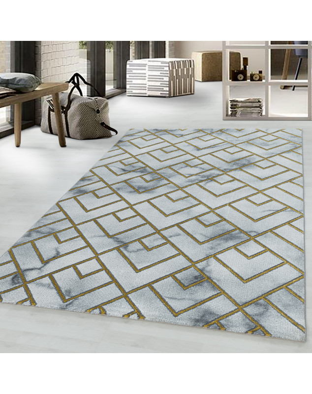 Designer vloerkleed met korte pool, woonkamerkleed, gemarmerd patroon, gouden ruitvormige strepen