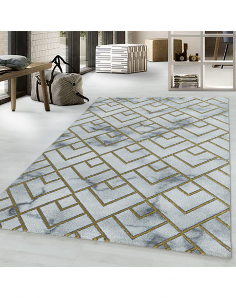 Tapis design a poil ras Tapis de salon Motif Marbré Lignes Diamants Or