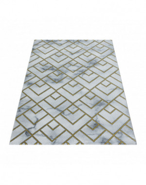 Designer vloerkleed met korte pool, woonkamerkleed, gemarmerd patroon, gouden ruitvormige strepen