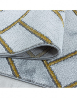 Designer vloerkleed met korte pool, woonkamerkleed, gemarmerd patroon, gouden ruitvormige strepen