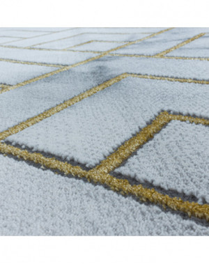 Designer vloerkleed met korte pool, woonkamerkleed, gemarmerd patroon, gouden ruitvormige strepen