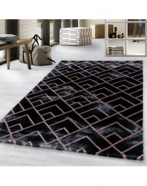 Tapis design a poil ras Tapis de salon Motif Marbré foncé Lignes Diamants Bronze