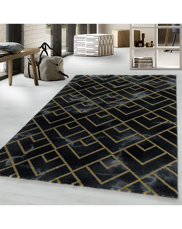 Designer vloerkleed met lage pool, woonkamerkleed, donker gemarmerd patroon met gouden ruitvormige strepen