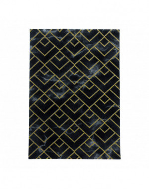 Designer vloerkleed met lage pool, woonkamerkleed, donker gemarmerd patroon met gouden ruitvormige strepen