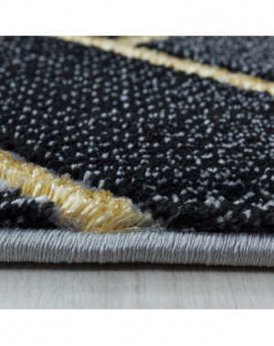 Designer vloerkleed met lage pool, woonkamerkleed, donker gemarmerd patroon met gouden ruitvormige strepen