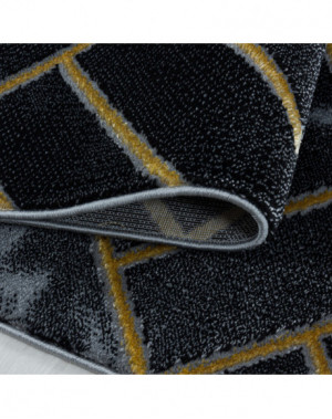 Designer vloerkleed met lage pool, woonkamerkleed, donker gemarmerd patroon met gouden ruitvormige strepen